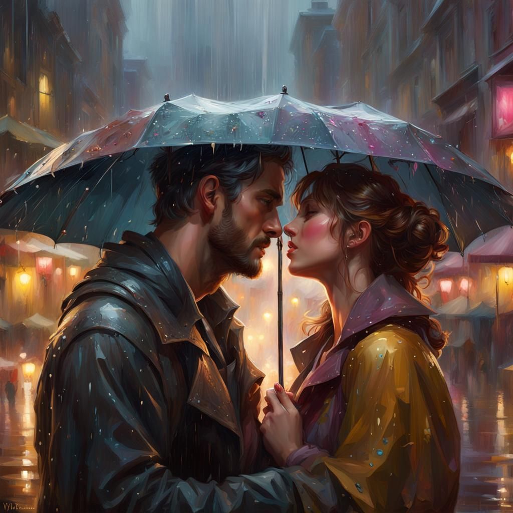 Paint a romantic scene in the rain, inspired by Pino Daeni's...