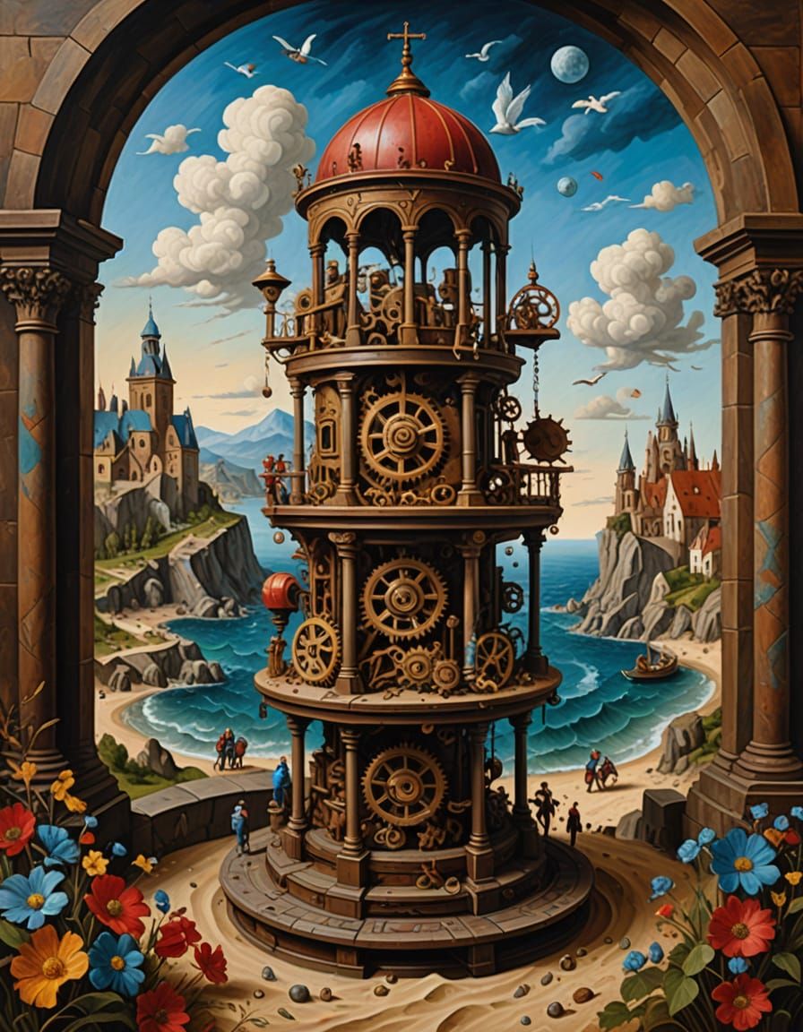 Escher-esque Architecture in Surreal Landscape Oil Painting