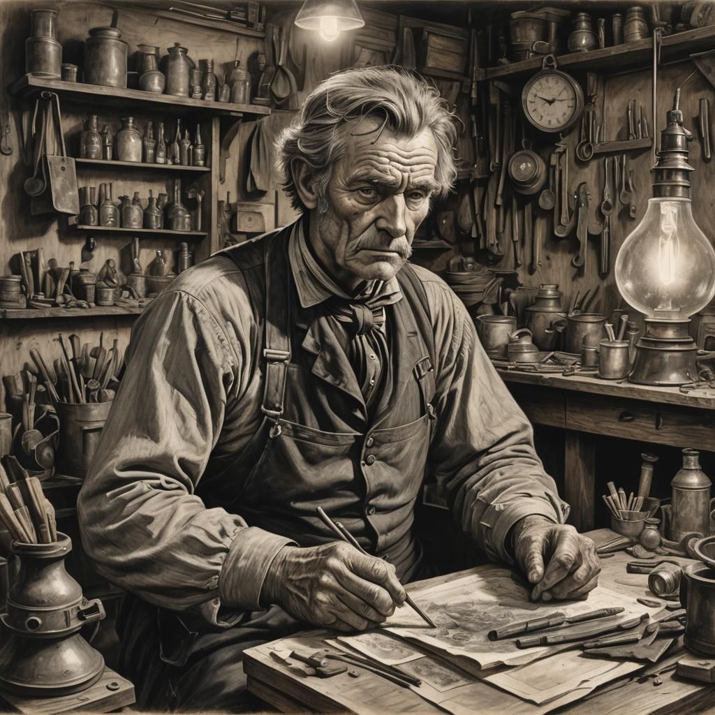 Man in 1800s Workshop: Hyperdetailed Charcoal Drawing