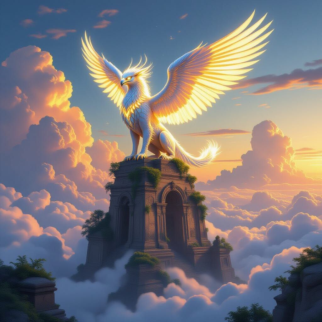 Maximalist Griffin on Ancient Ruin in Golden Hour