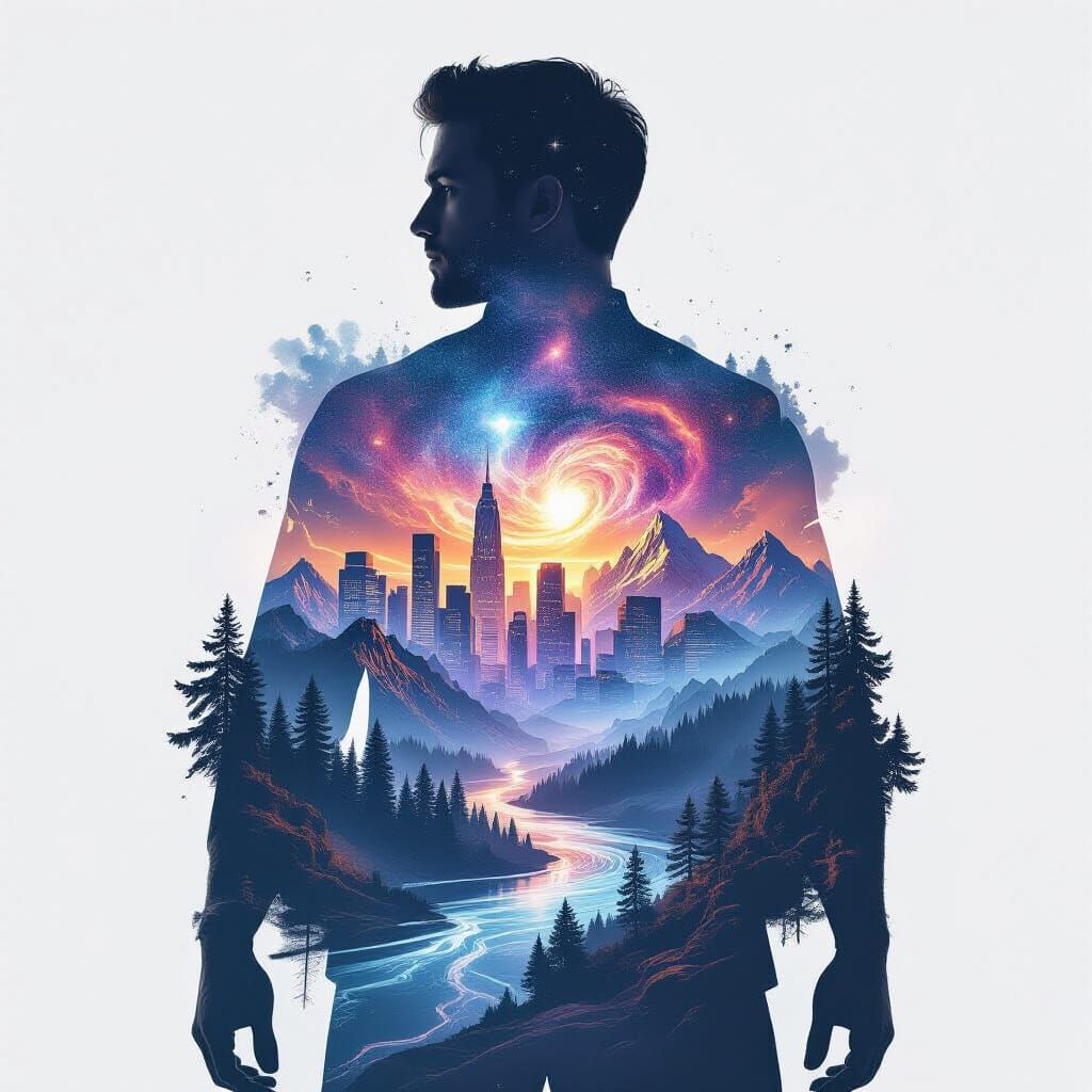 Surreal Man Silhouette with Futuristic City and Nebula