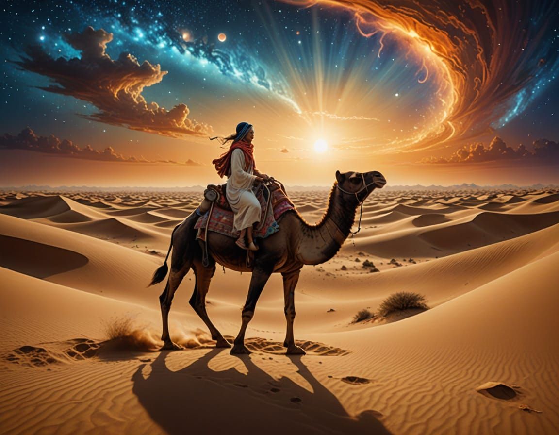 Surreal Desert Goddess Rides Four-Legged Camel Under Starry ...
