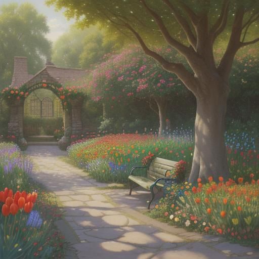 Vibrant Tulip Garden with Stone Path, Oil Painting