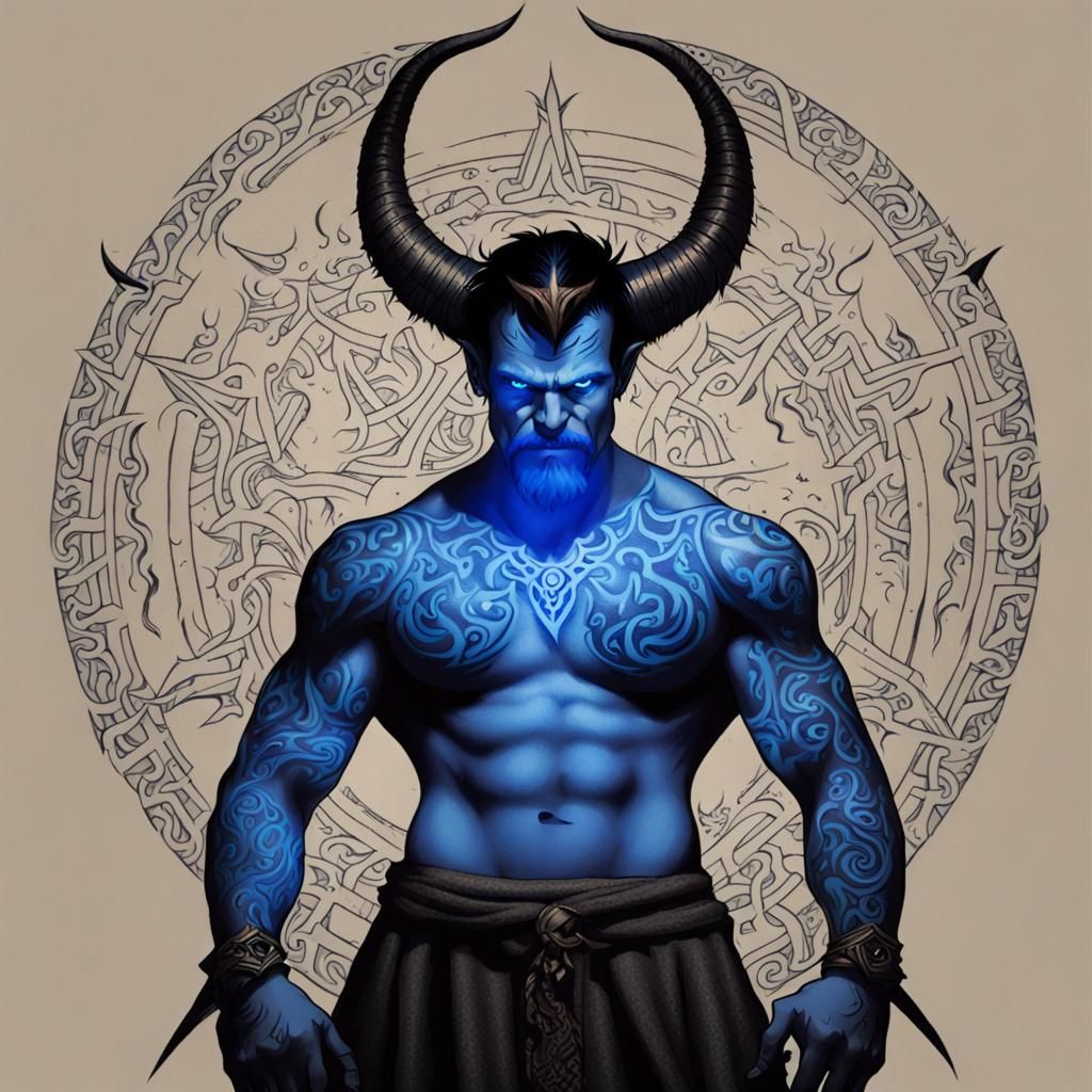 Satan Posing with Glowing Blue Tattoos