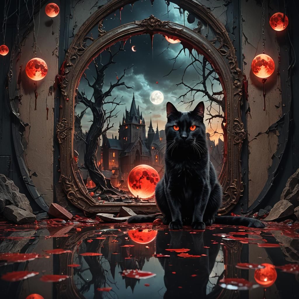 Blood Moon Cat on Broken Mirror: Surreal Matte Painting