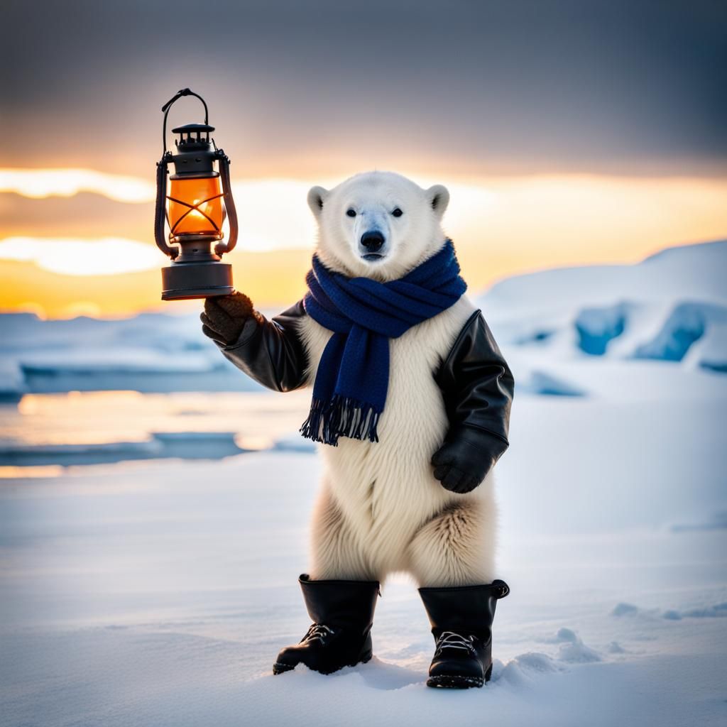 Polar Bear Cub in Winter Gear with Lantern