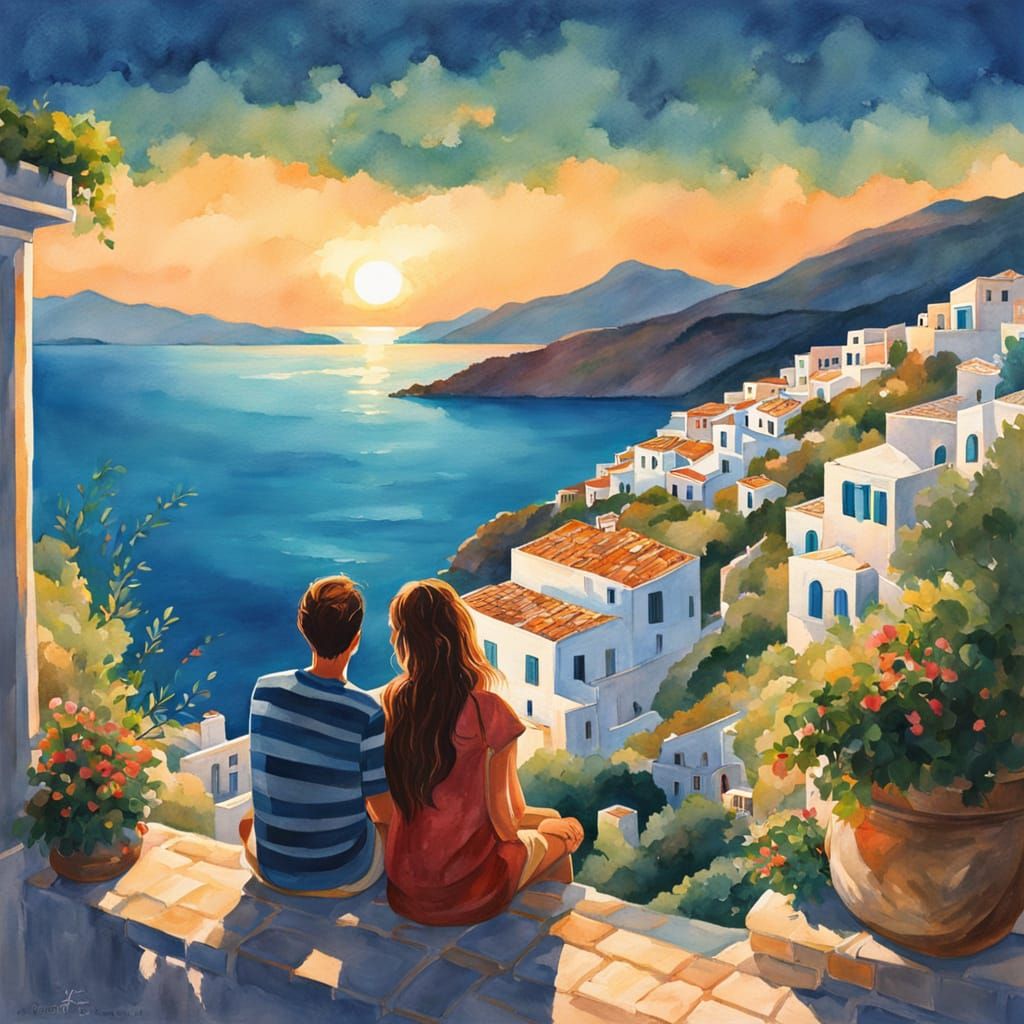 Greek Sunset Painting in Gouache Style