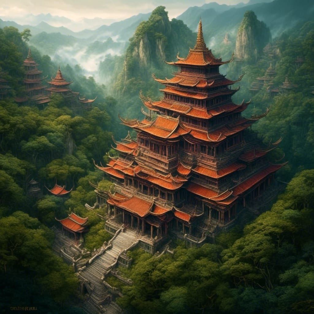 Asian Temple in Himalayan Jungle, Cel-Shaded Gothic Architec...