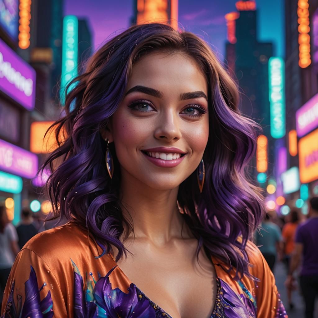 Girl with Purple Eyes in Neon Cityscape