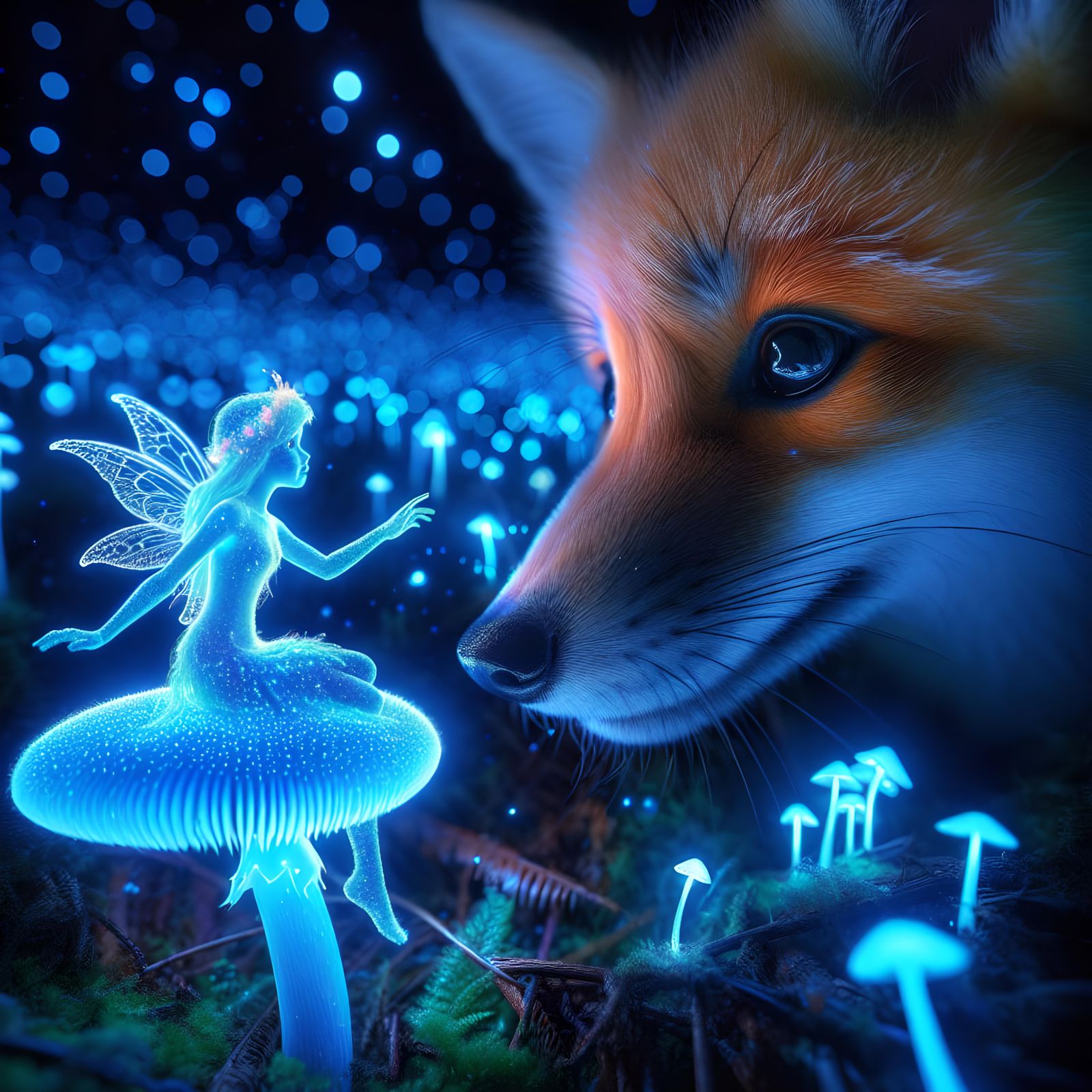 Fox Pup and Fairy in Bioluminescent Forest