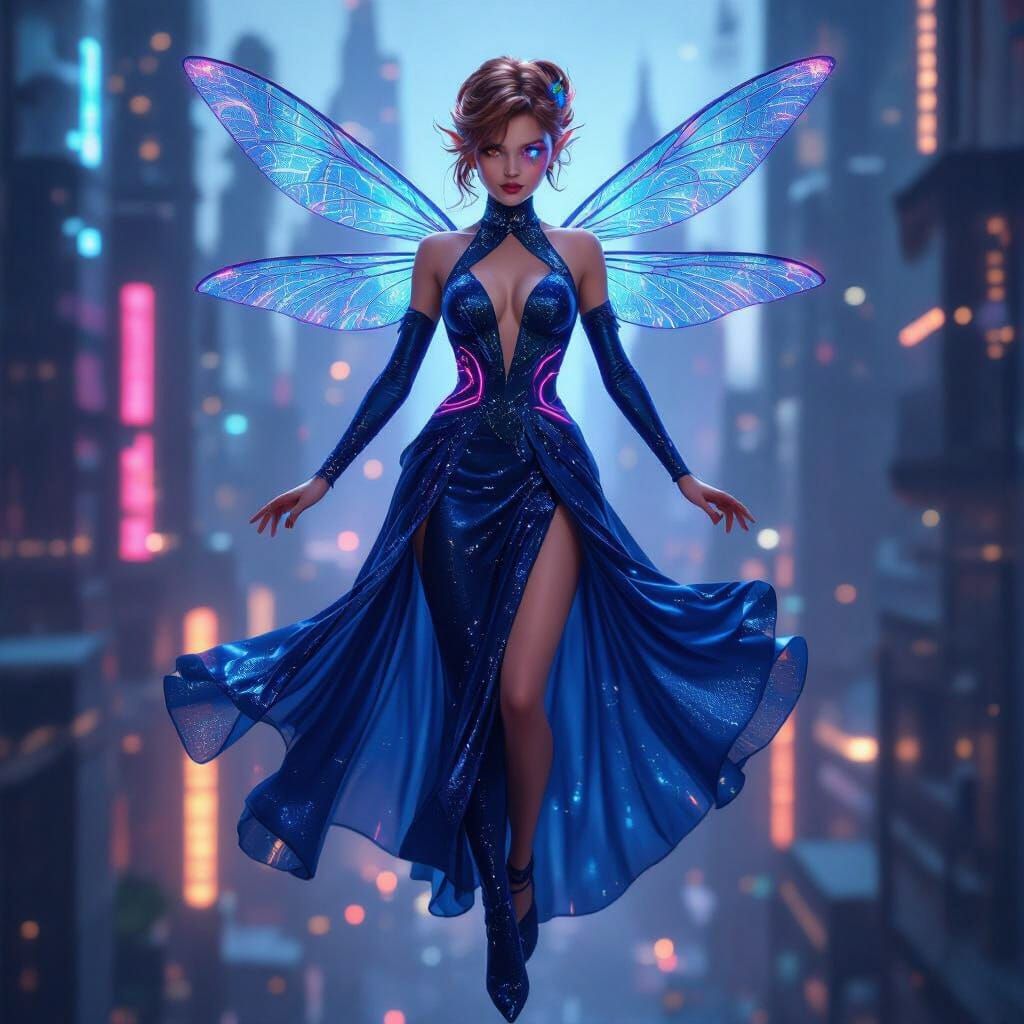 Slender Pixie in Neon Gown with Dragonfly Wings