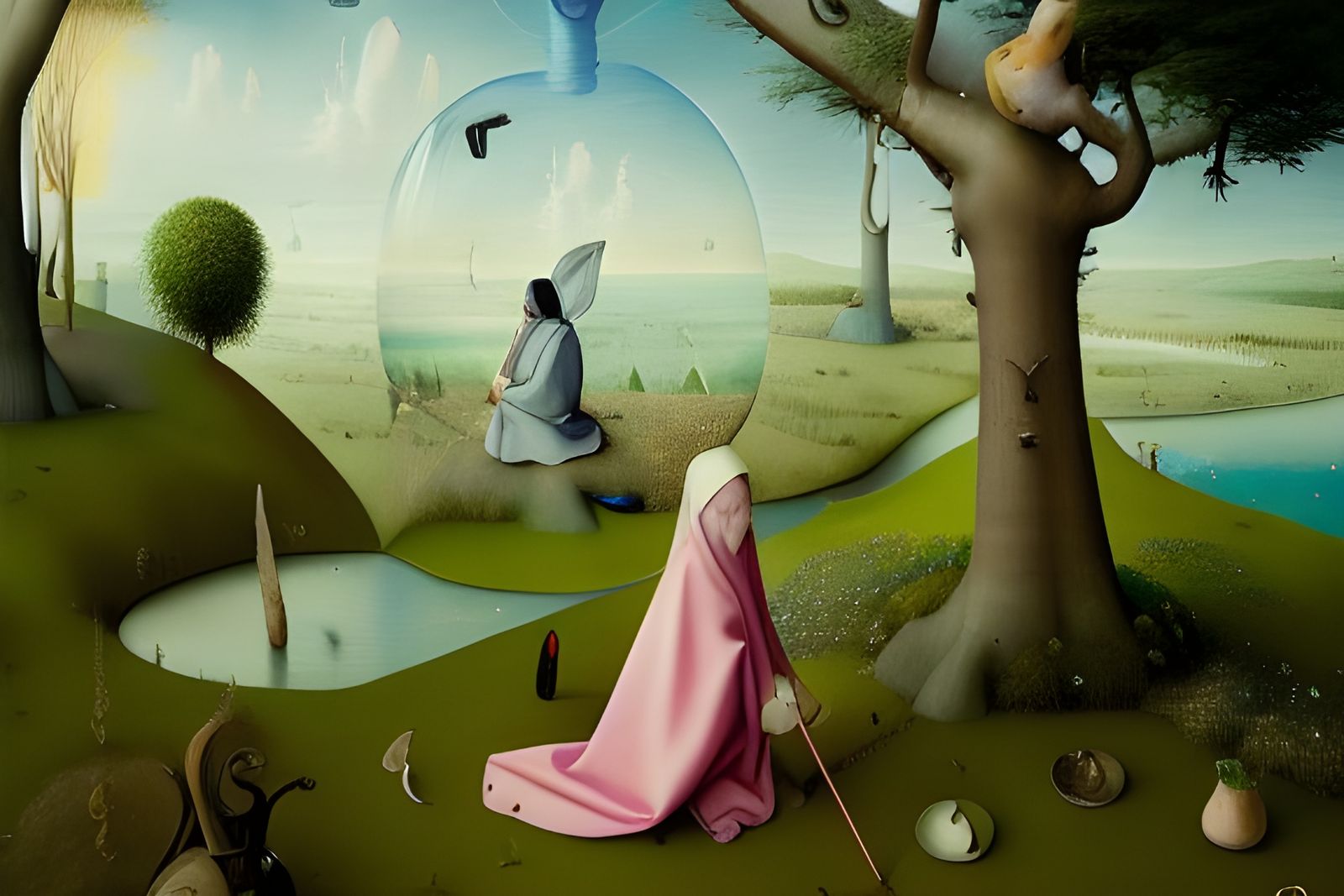 Surreal Pastel Landscape Inspired by Hieronymus Bosch