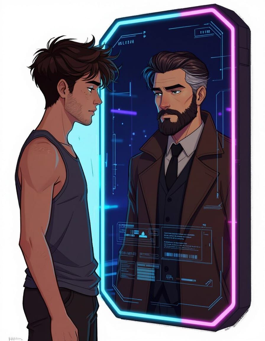 Cyberpunk Mirror: Youth Gazing at Future Self
