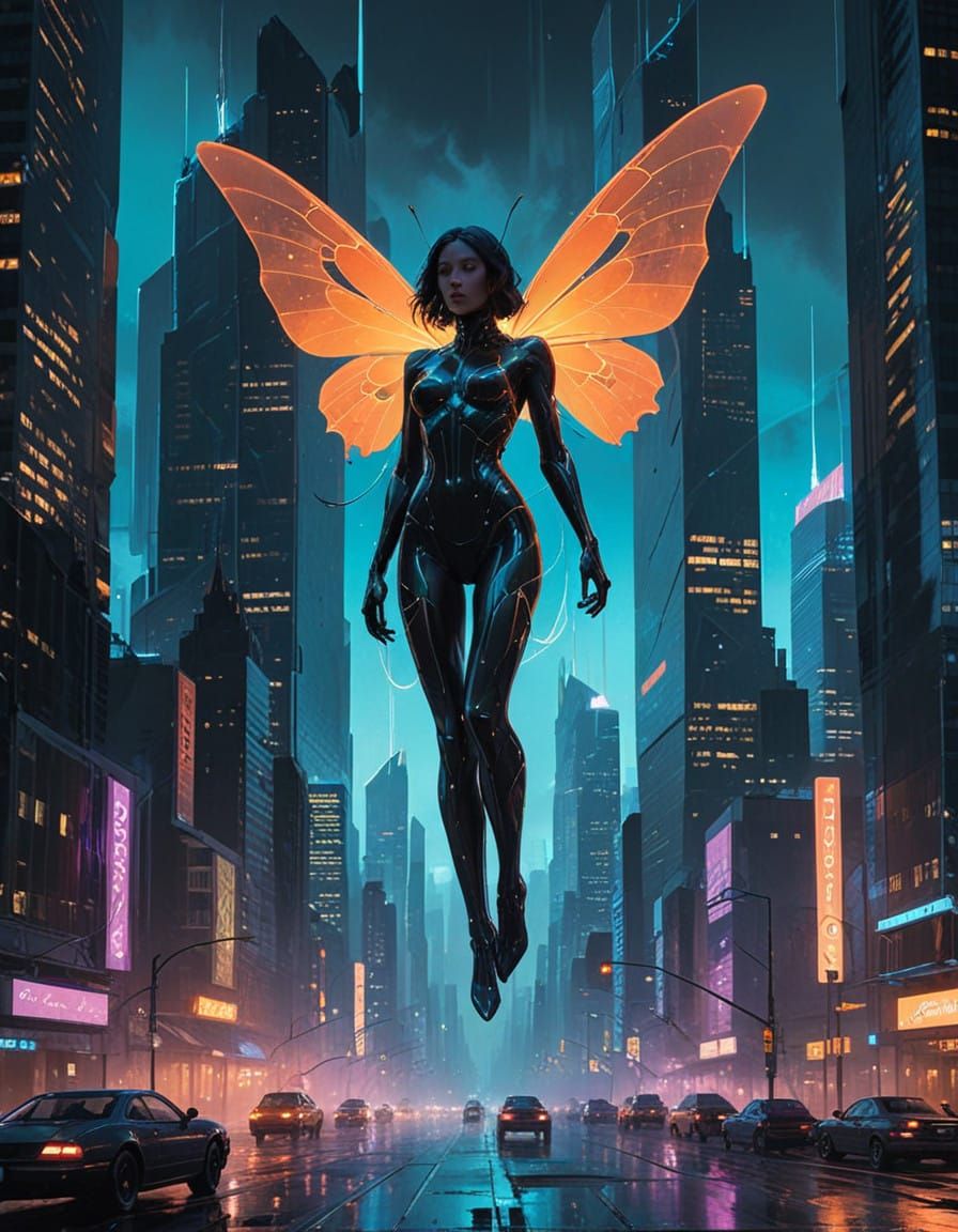 Semi-Divine Winged Being Soars Through Neon City