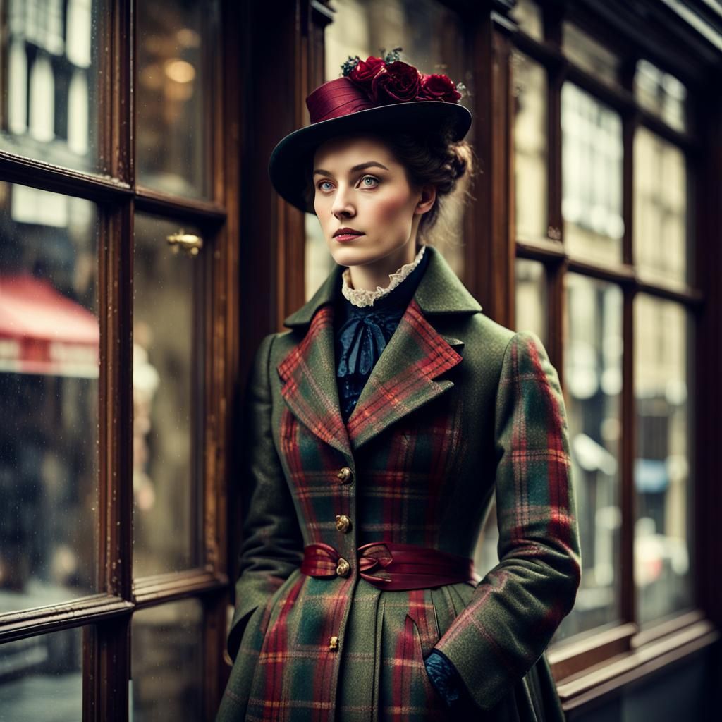 1880s Woman Window Shopping on Rainy Edinburgh Street