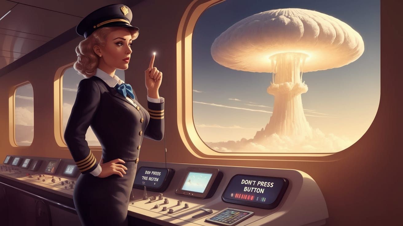 Retro Futuristic Stewardess with Vintage Captain Hat in 1960...