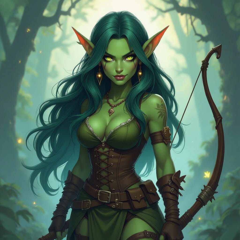 Curvy Female Goblin Hunter in Bioluminescent Forest