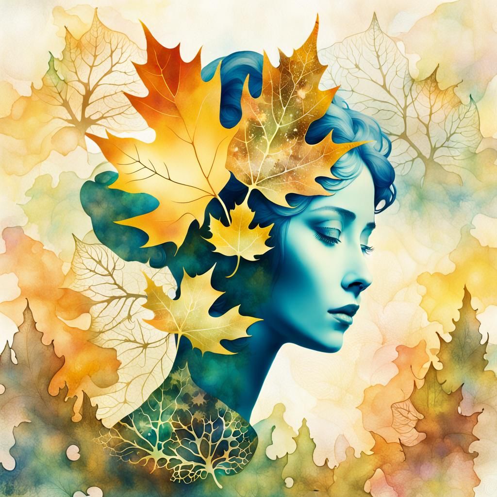 Surreal Maple Leaf Maiden Portrait in Watercolor