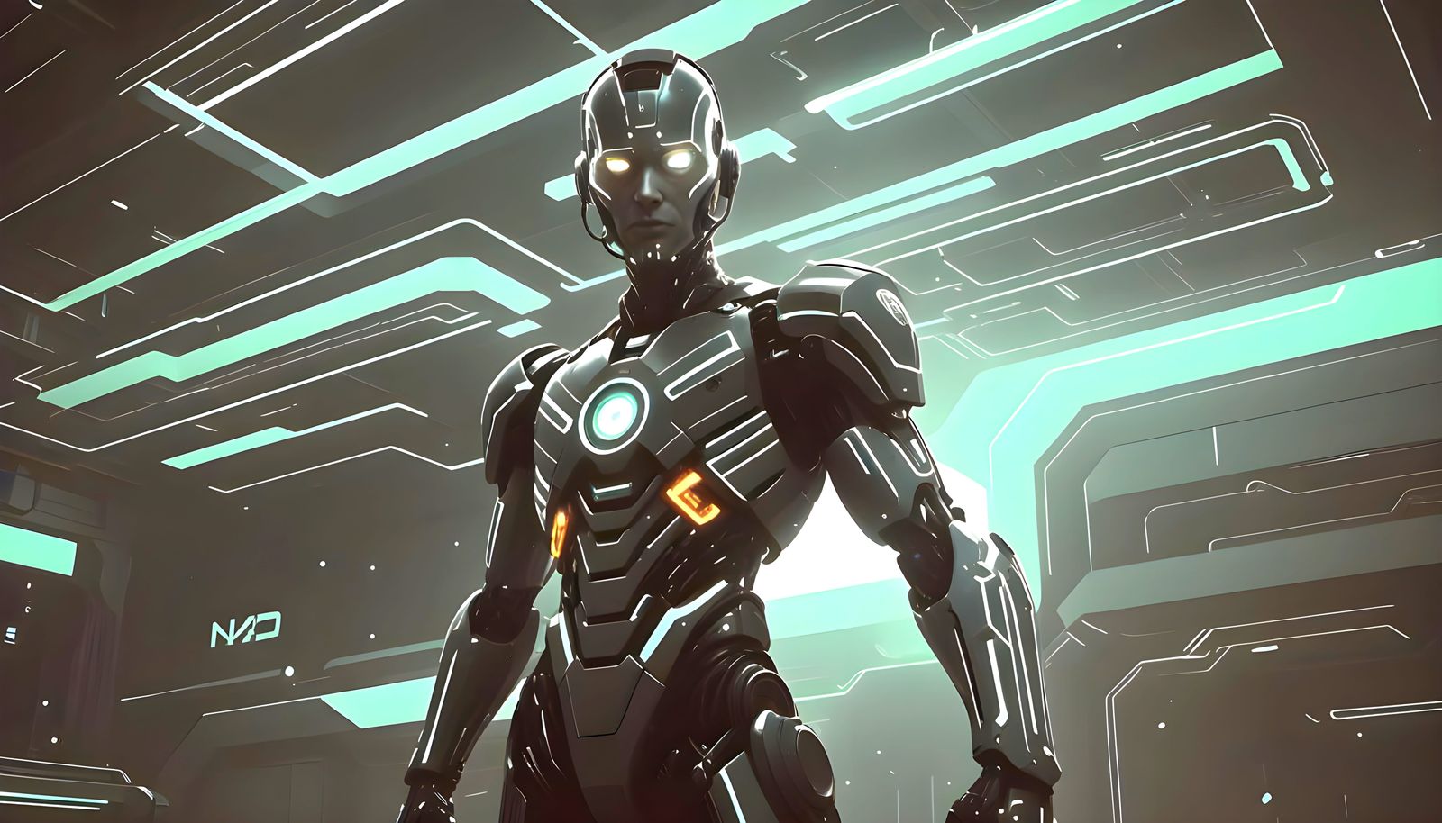 Transhuman Figure in Dark Cyberpunk Cityscape