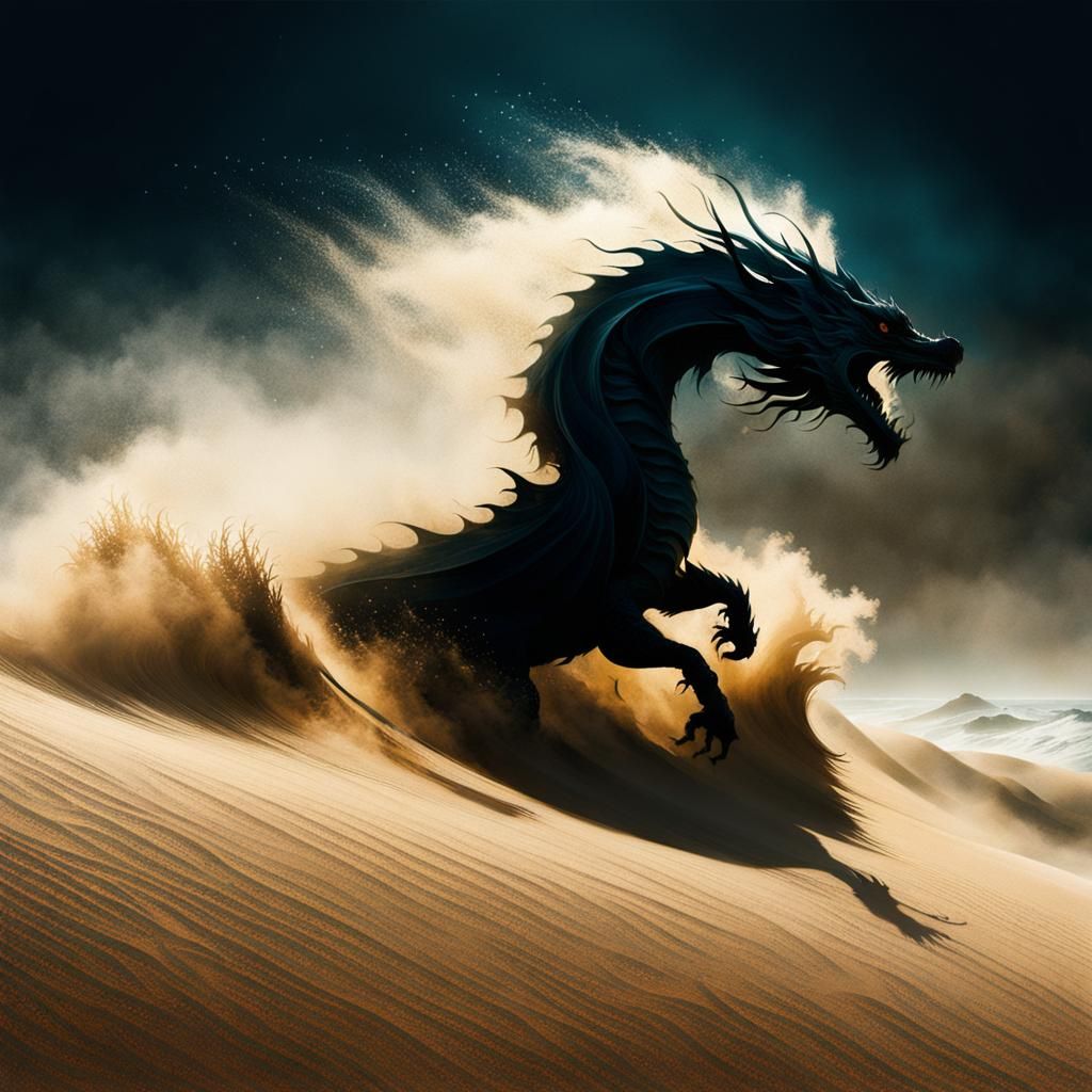 Japanese Dragon Surfing Sand Dunes in Anime Style
