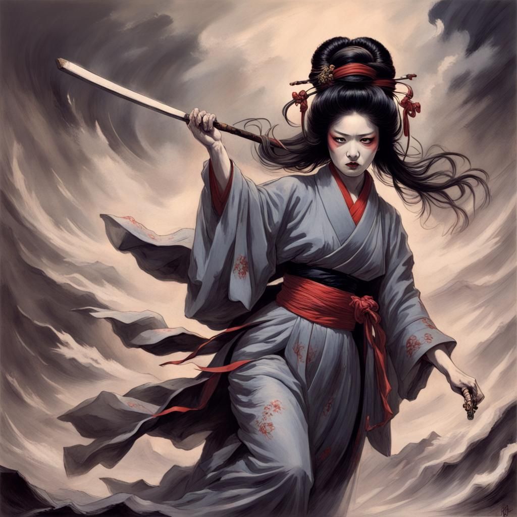 Fearsome Geisha Warrior Charging, Horror Art