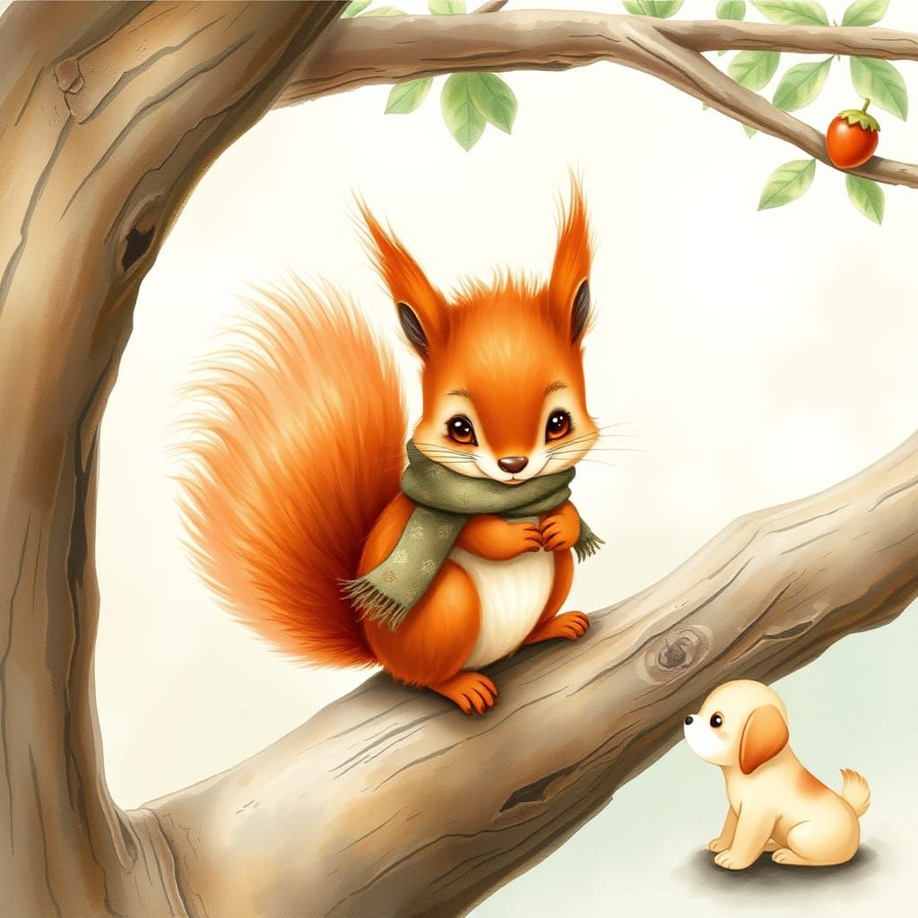 Squirrel and Puppy in Whimsical Watercolor Style