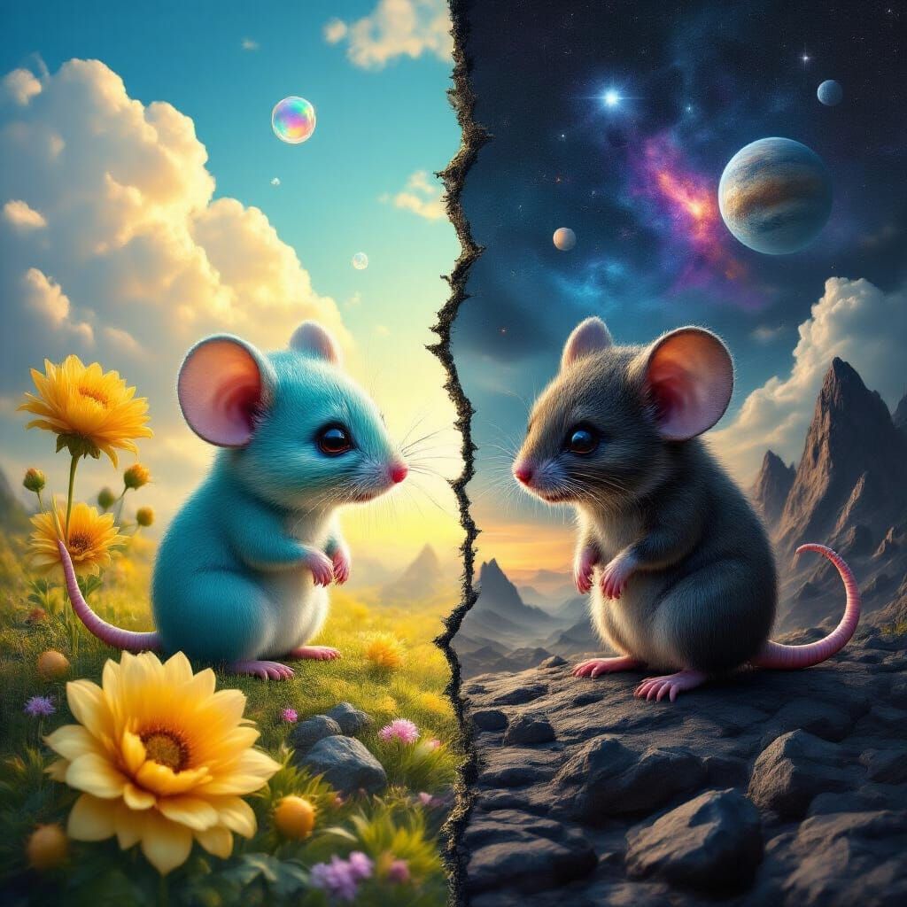 Contrasting Chibi Mouse Worlds in Hyperrealistic Photo