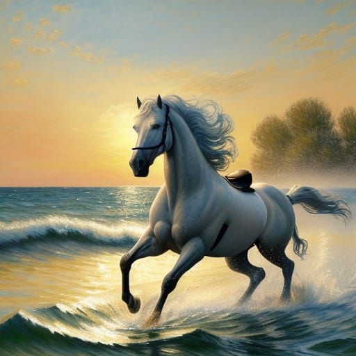 Camargue Horse Runs Through Water as Impressionist Painting