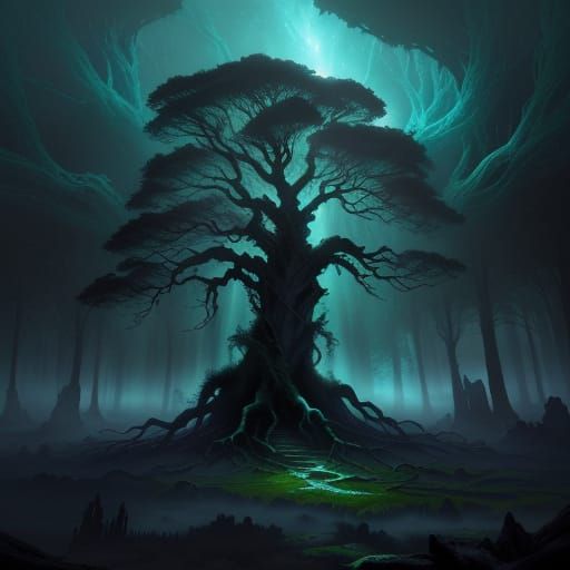 Ancient Tree in Cosmic Nebula Ruins