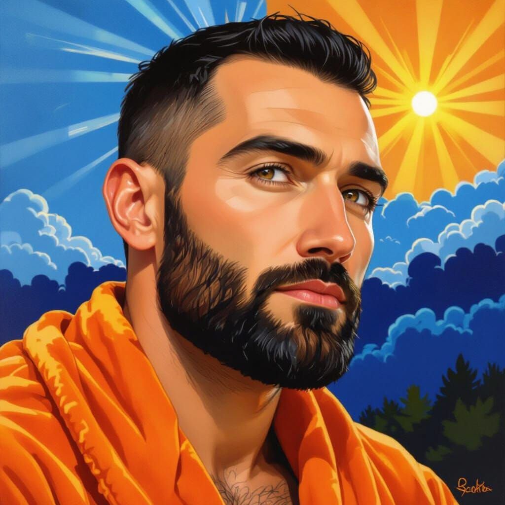 Proud Man in Velvet Robe Under Moonlit Sky