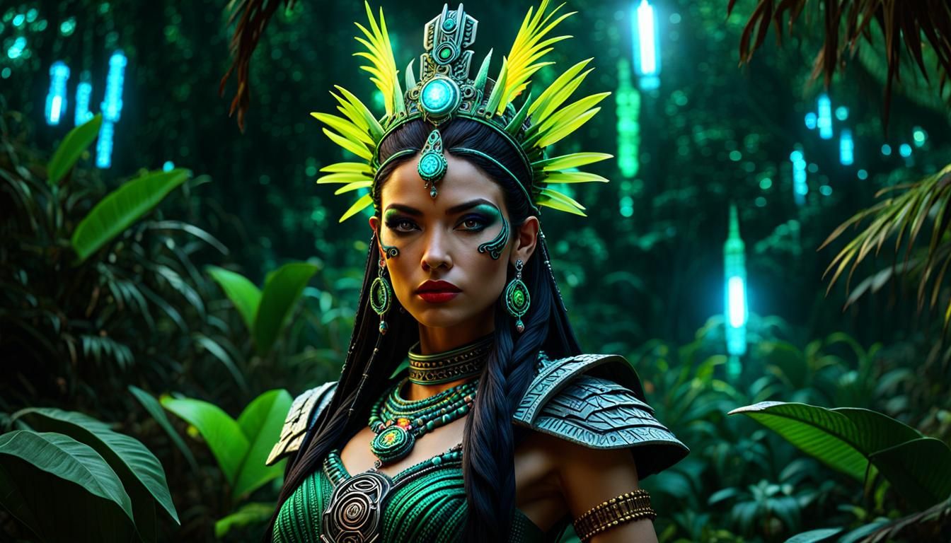 Dark Jungle Mayan Queen with Ignis Fatuus in Nuclearpunk Sty...