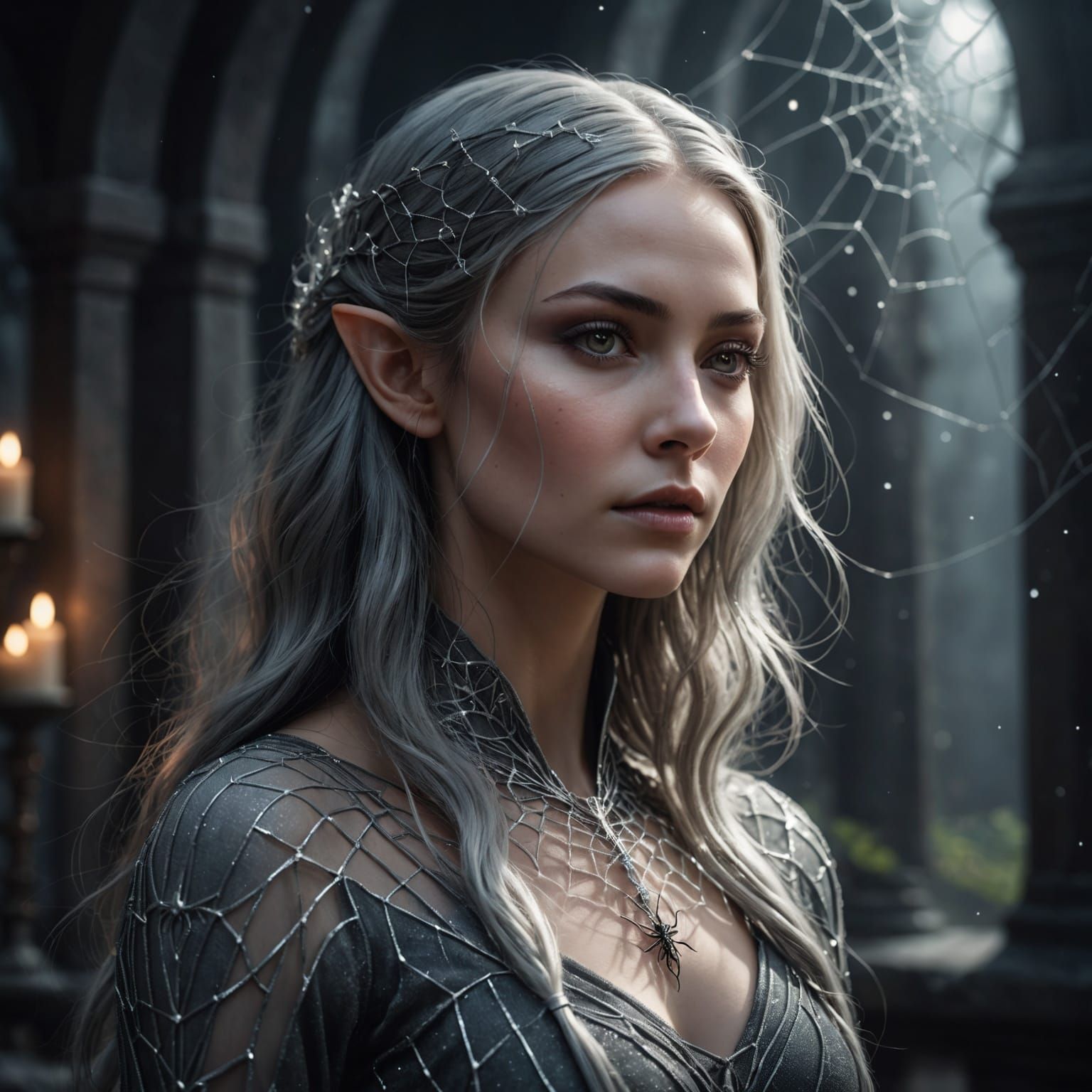Ethereal Elf in Silver Spiderweb Dress