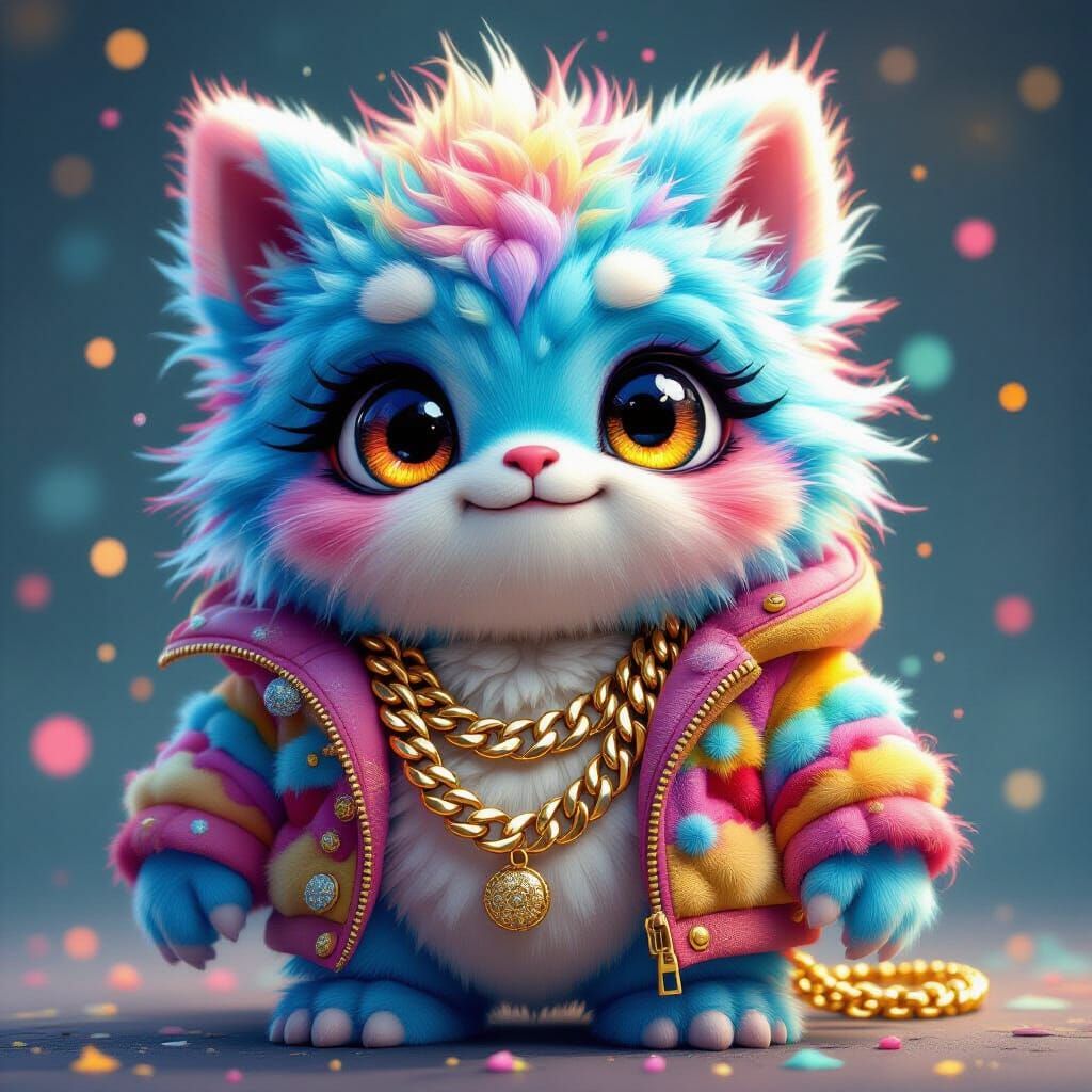 Colorful Fluffy Monster Portrait with Gold Chain