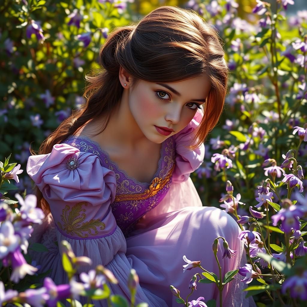 Princess in Violet Gown in Lush Garden