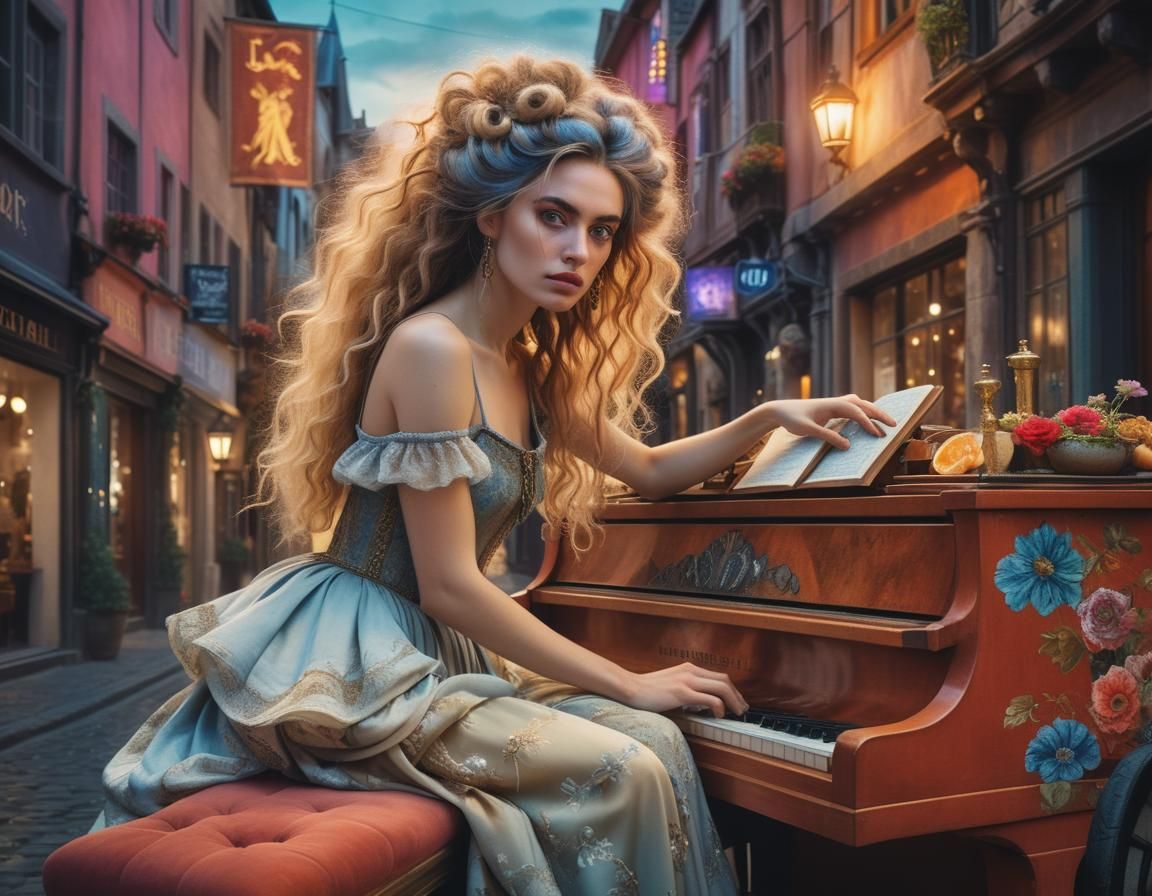 Cinematic Portrait of a Serene Woman in Surreal Streetscape
