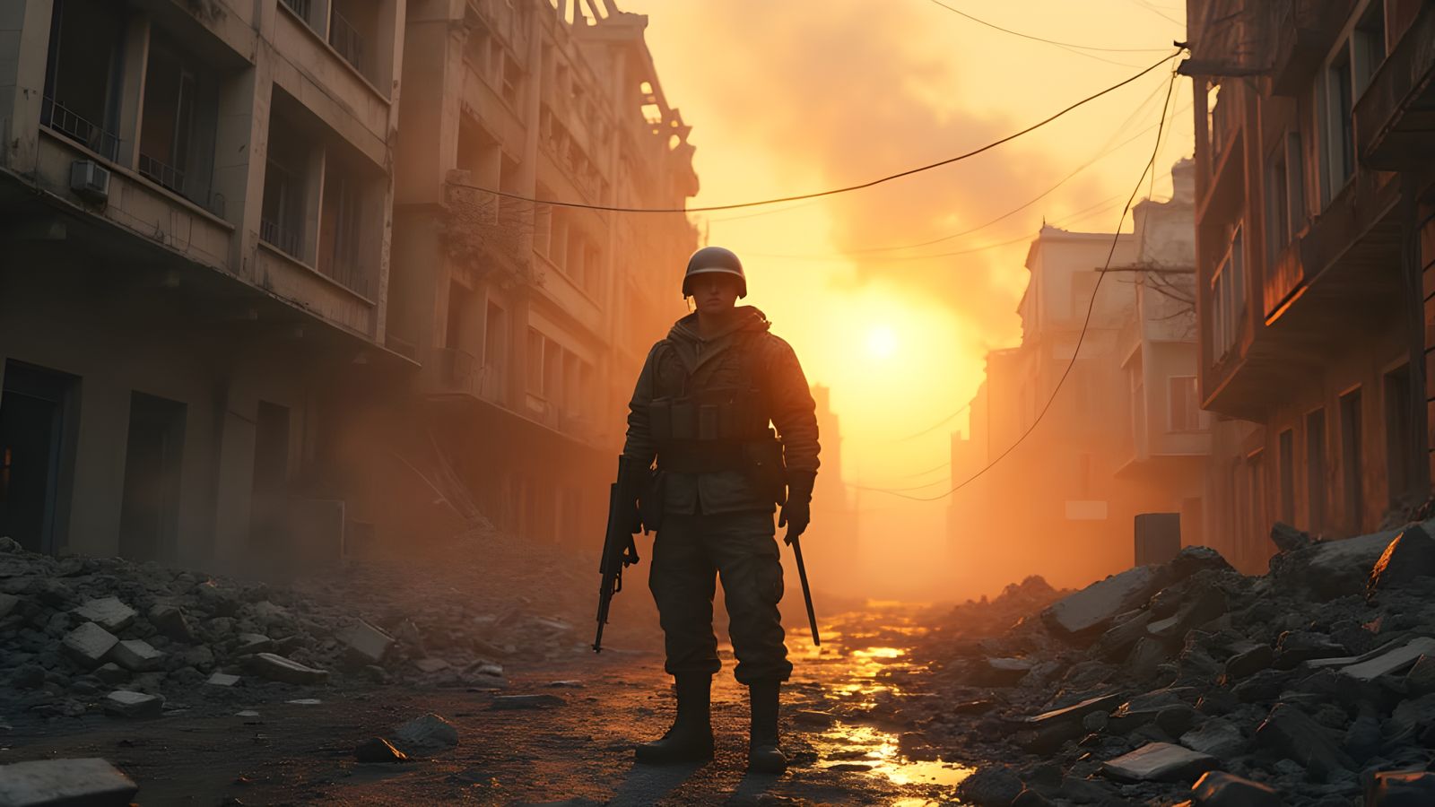 Ukrainian Soldier in Bombed City: Fantasy Concept Art
