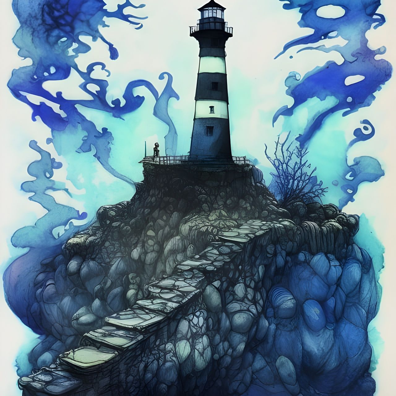 Surreal Lighthouse Island in Blue and Black Ink