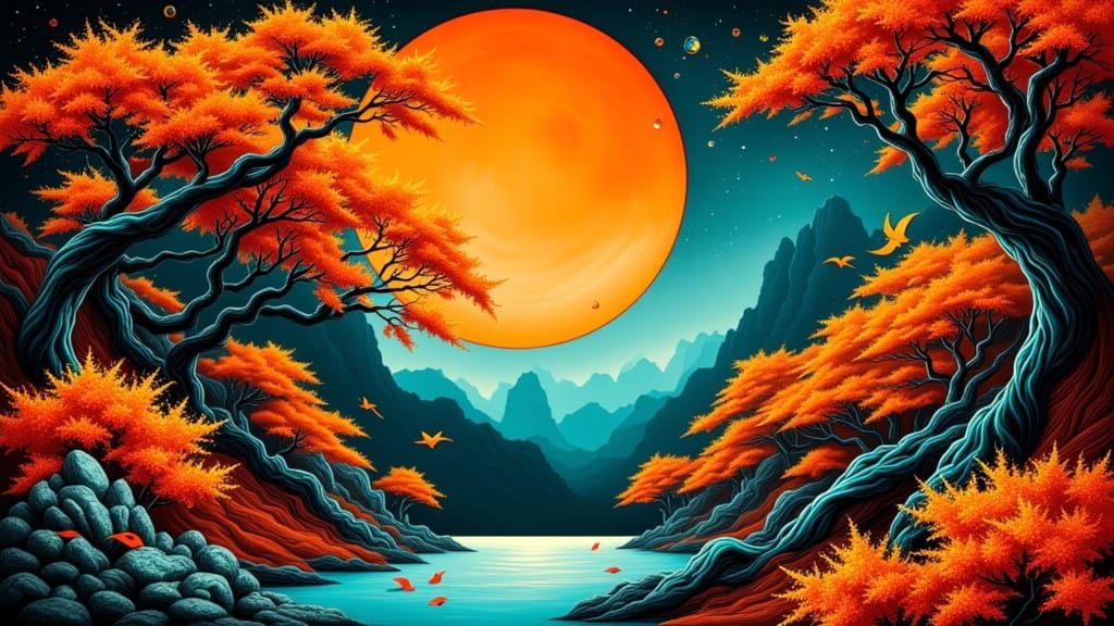 Vibrant Orange Ukiyo-e Landscape in Mixed Media Style