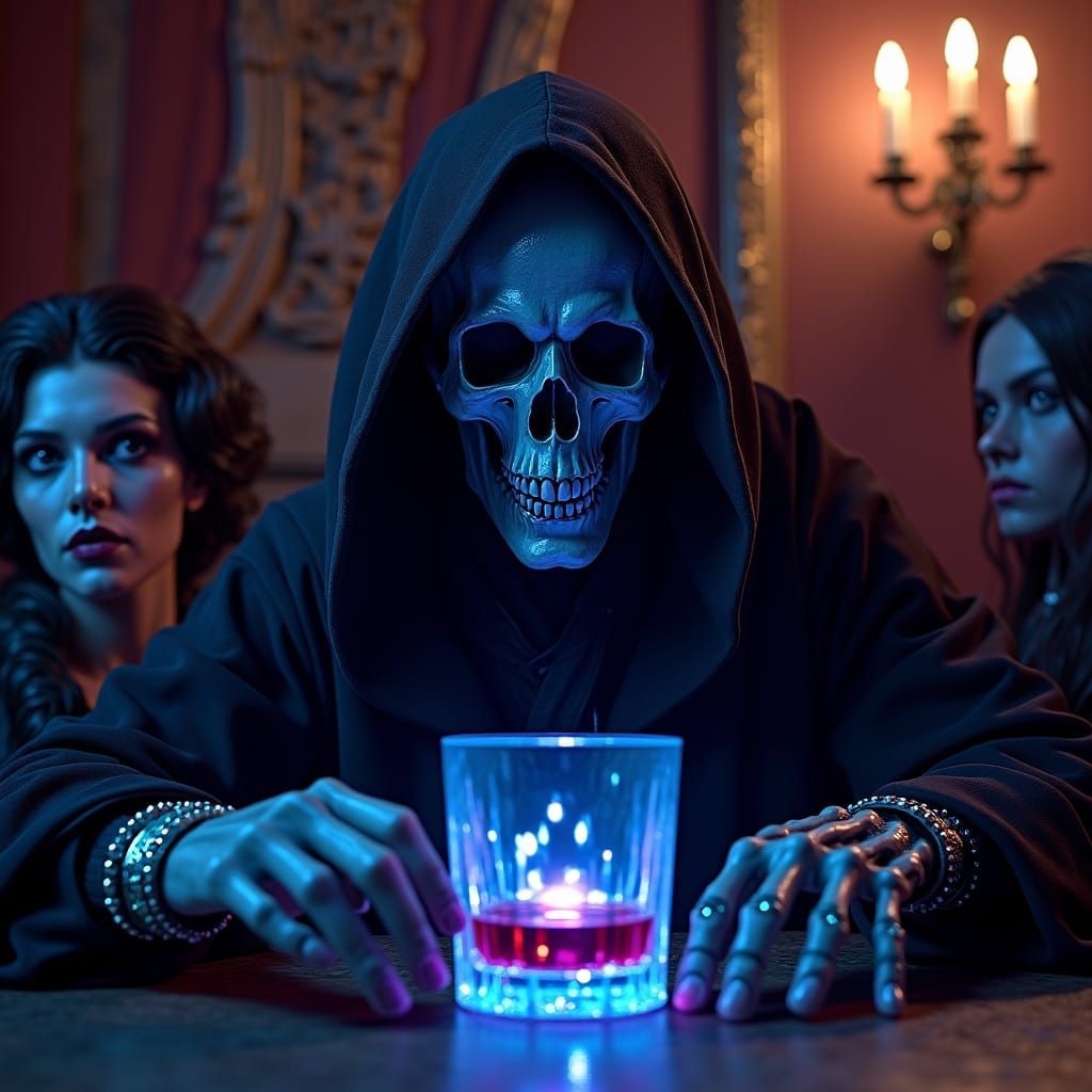 Grim Reaper at Bar: Hyperrealistic Gothic Fantasy