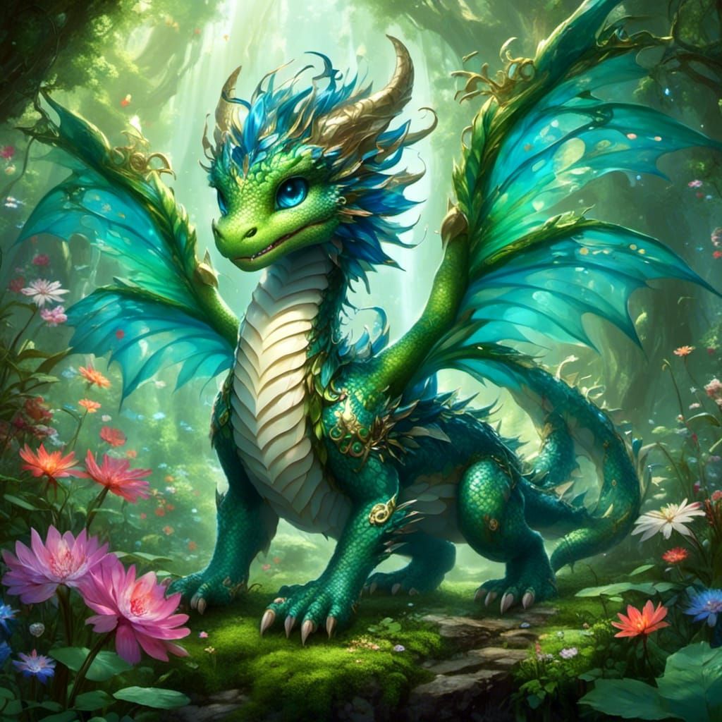Dragon with Butterfly Wings in Enchanted Forest