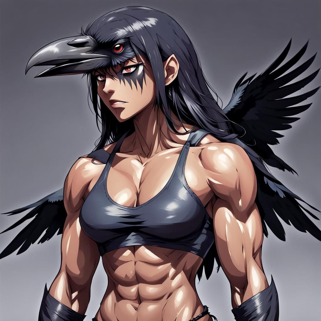 Muscular Crow Woman in Anime Style