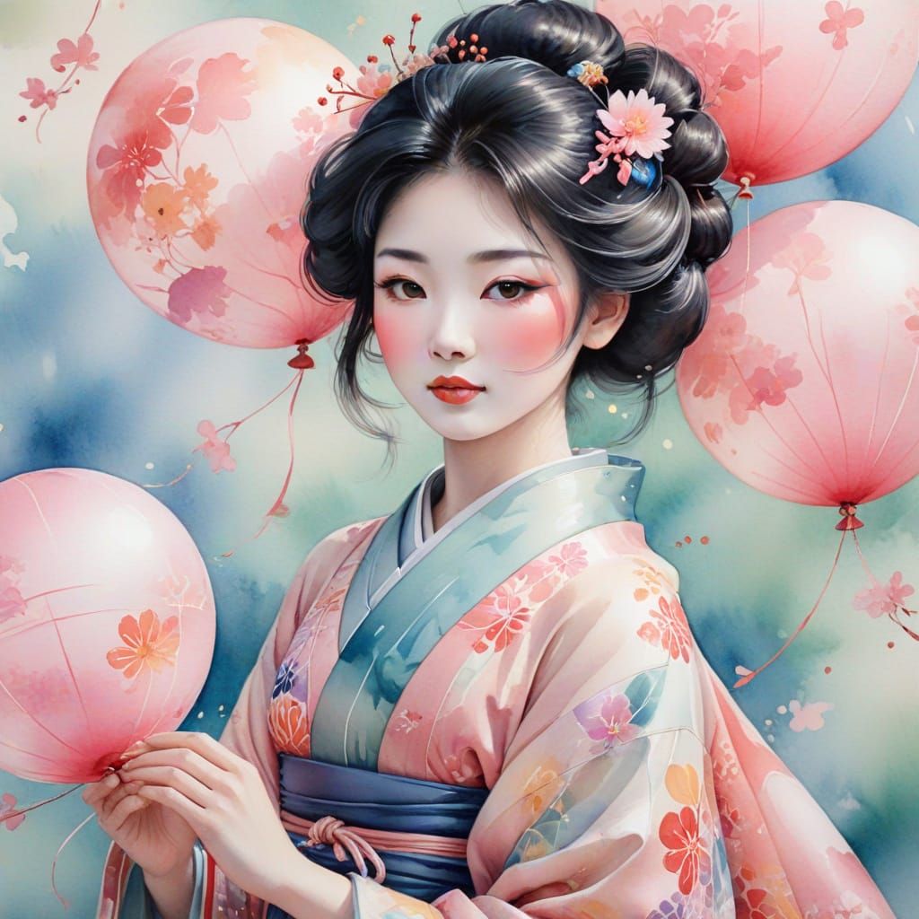 Geisha with Balloon in Japanese Watercolor Style