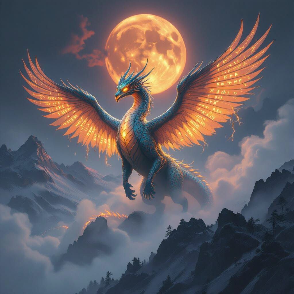 Mythical Dragon Phoenix Emerges from Mist