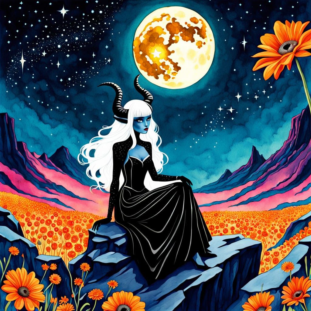 Whimsical Watercolor Goddess of the Midnight Sky