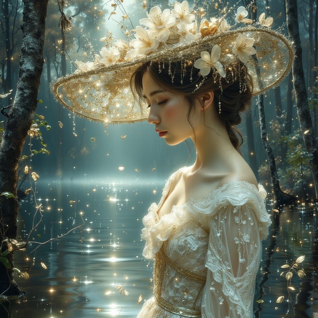 Contemplative Woman in Garden, Dark Romanticism