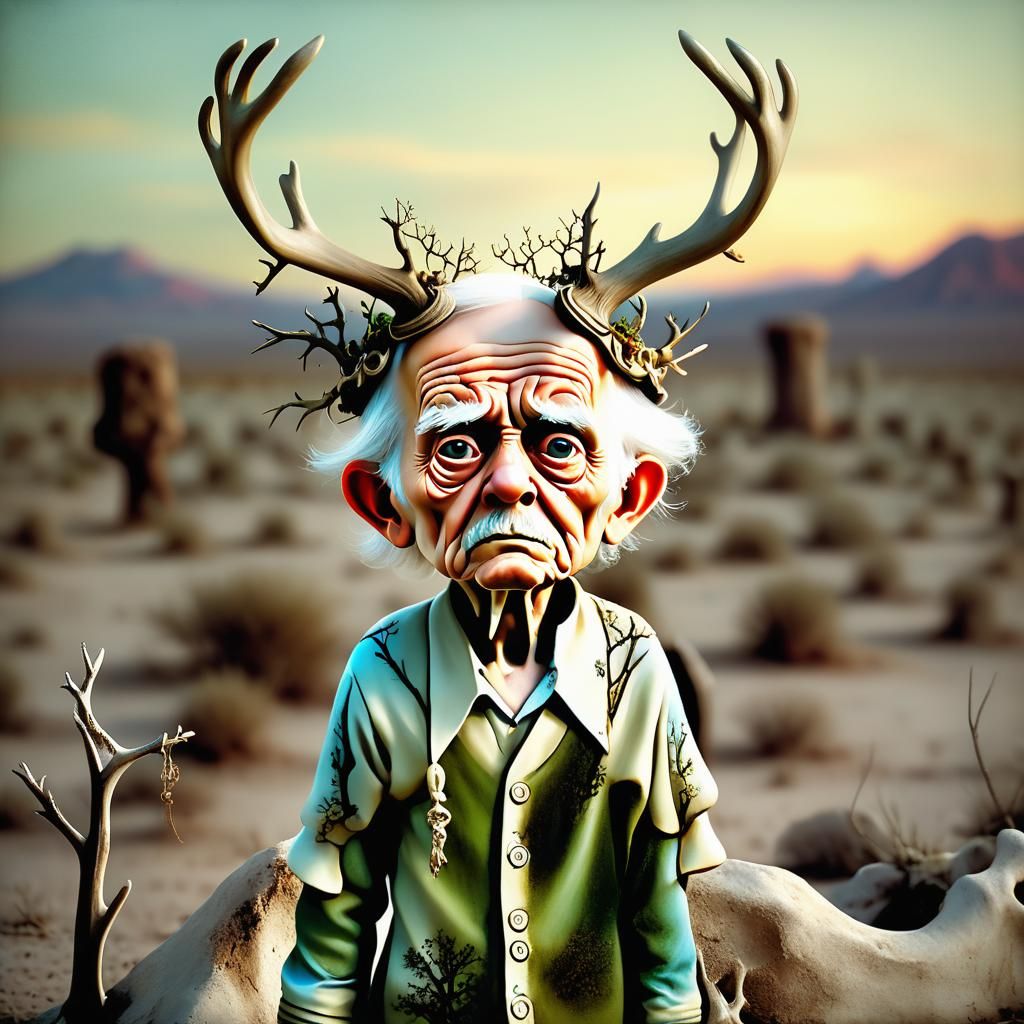 Confused Old Man with Antlers in Desert Cemetery