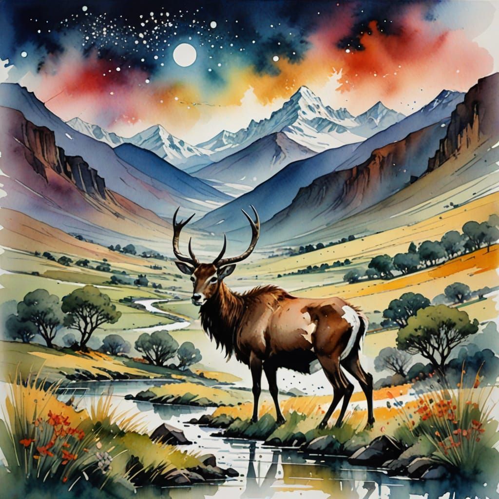 Tibetan Monastery Under Starry Skies in Dreamy Watercolor