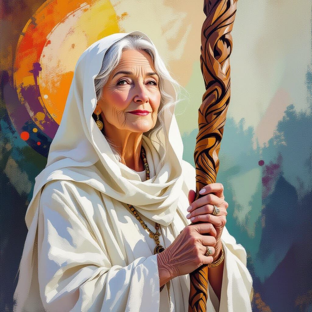 Wise 76-Year-Old Druid in White Robes Holding Carved Staff