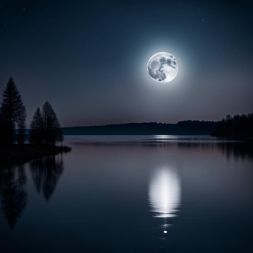 Moonlight Shadows Reflecting on a Tranquil Lake