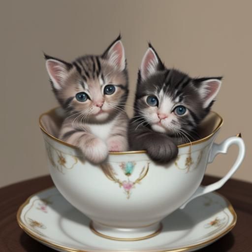 Kittens Cuddled Comfortably in Teacup
